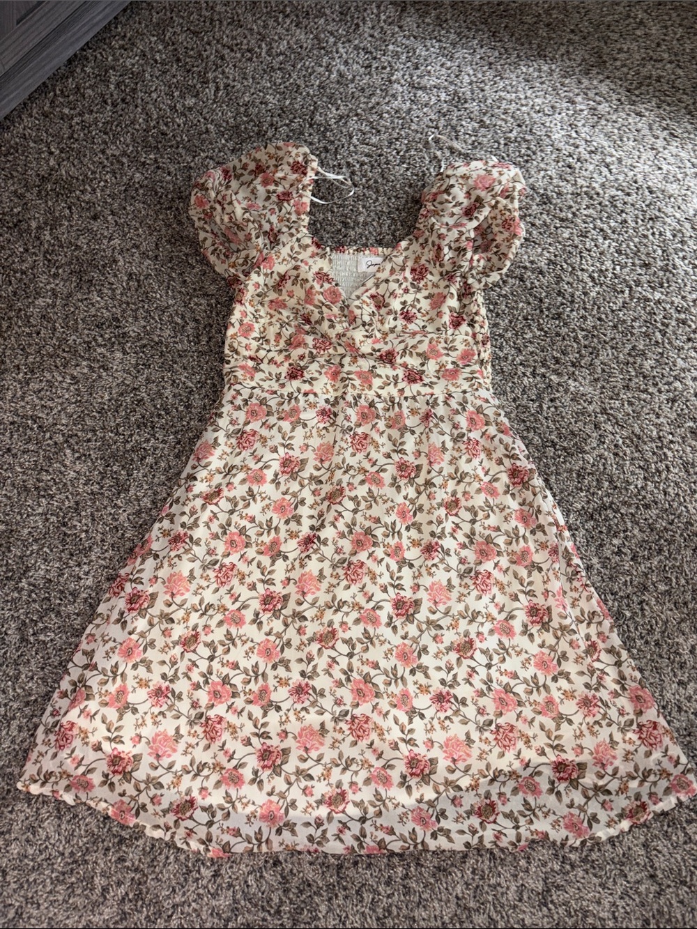 Cream Midi Dress with Pink Floral Print and Puff Sleeves